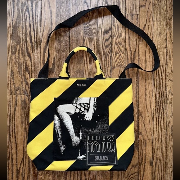 Club Miu Miu yellow stripe canvas tote - Picture 1 of 10